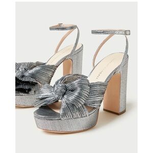 Loeffler Randall Natalia Metallic Silver Bow Platform Sandals with Ankle Strap